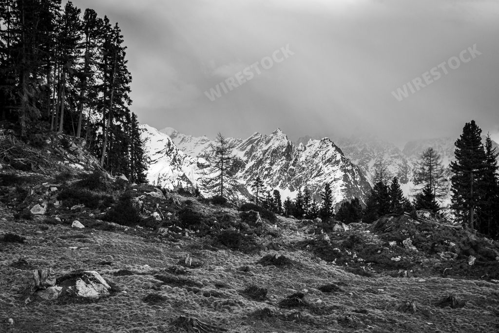 A grayscale shot of the Tyrolean Alps in Austria
