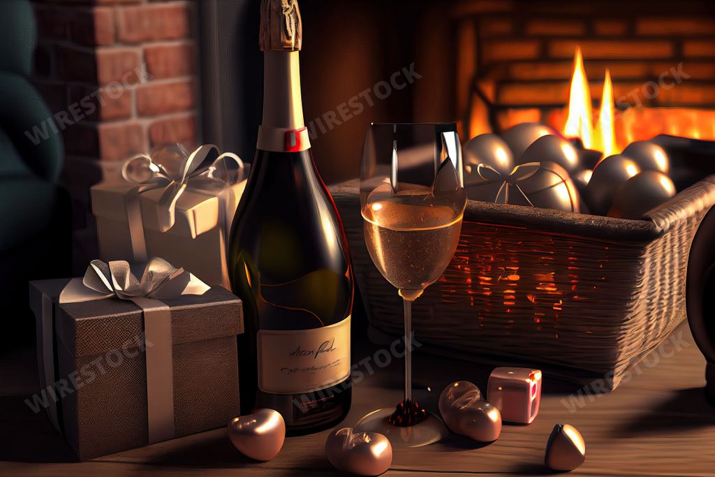 An AI-generated illustration of a champagne bottle with glasses placed next to gifts in front of a fireplace