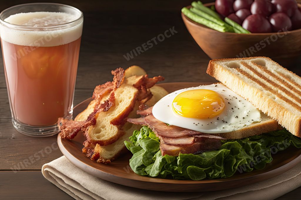 An AI generated illustration of a delicious breakfast with bacon and eggs on the table