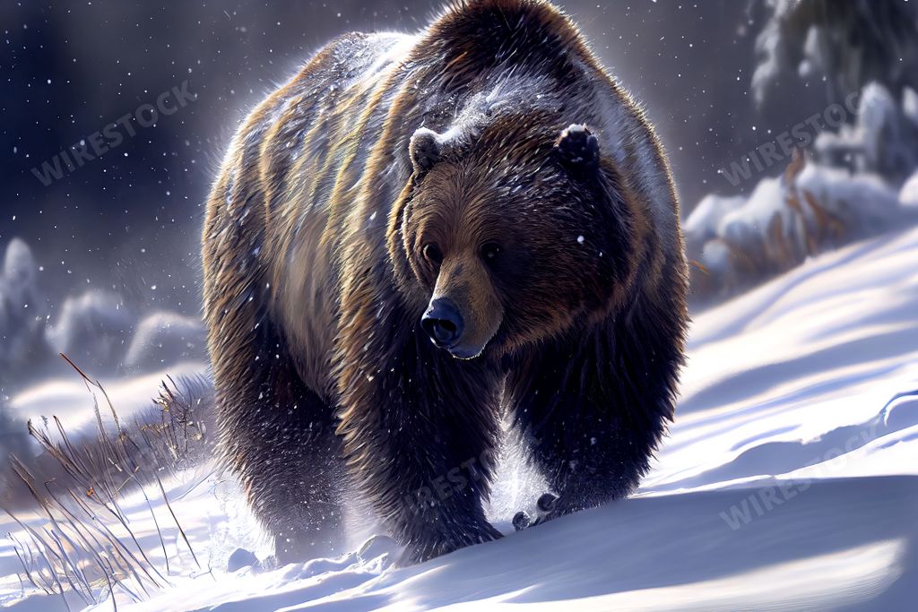 An AI generated illustration of a grizzly bear waling during a snowstorm