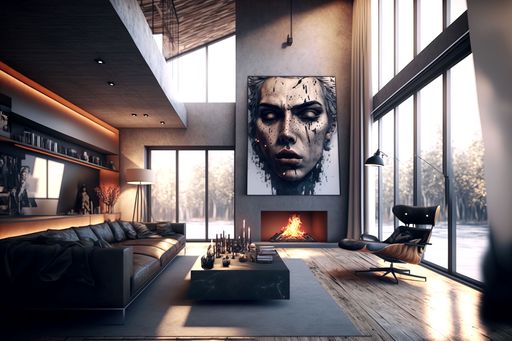 AI generated illustration of a modern style living room with fireplace ...