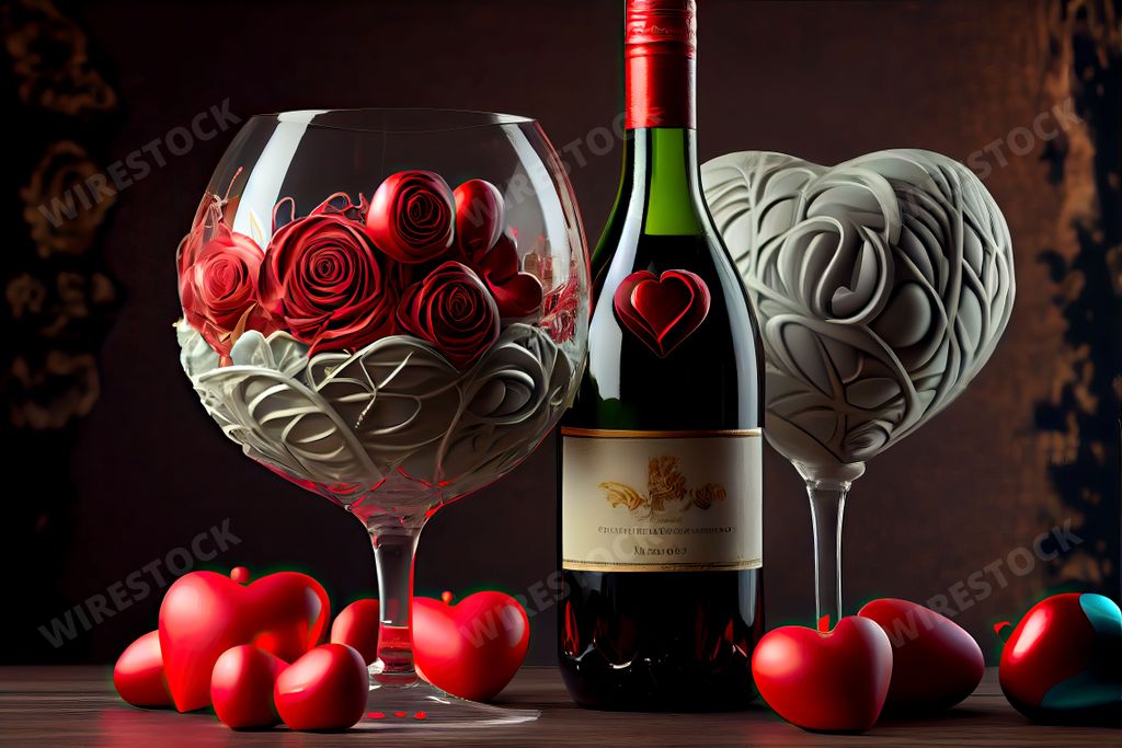 An AI generated illustration of Valentine's decoration of red roses and a wine bottle