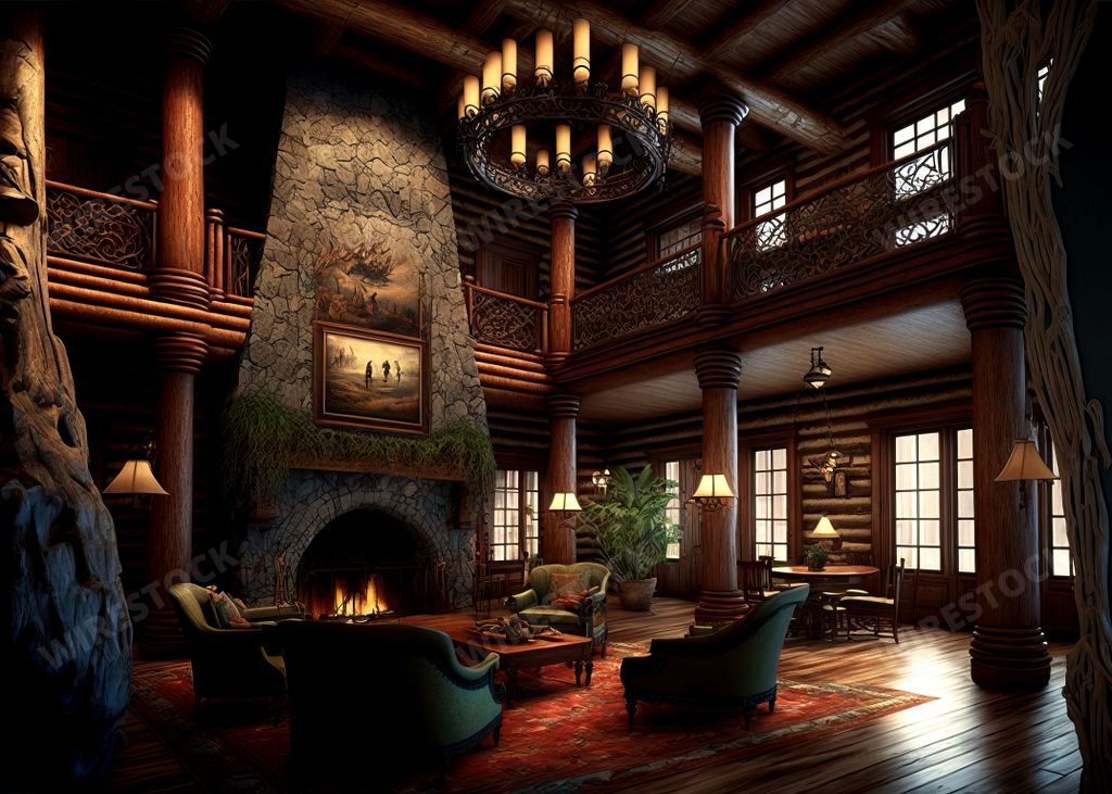An AI generated illustration of a large lobby with a fireplace of a log cabin.