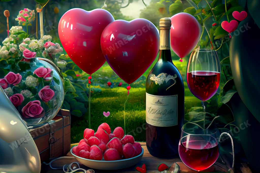 An AI generated illustration of Valentine's decoration of heart-shaped balloons and wine glasses