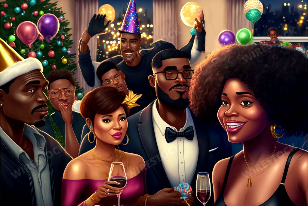 A Cartoon of black people at a New Years Eve party