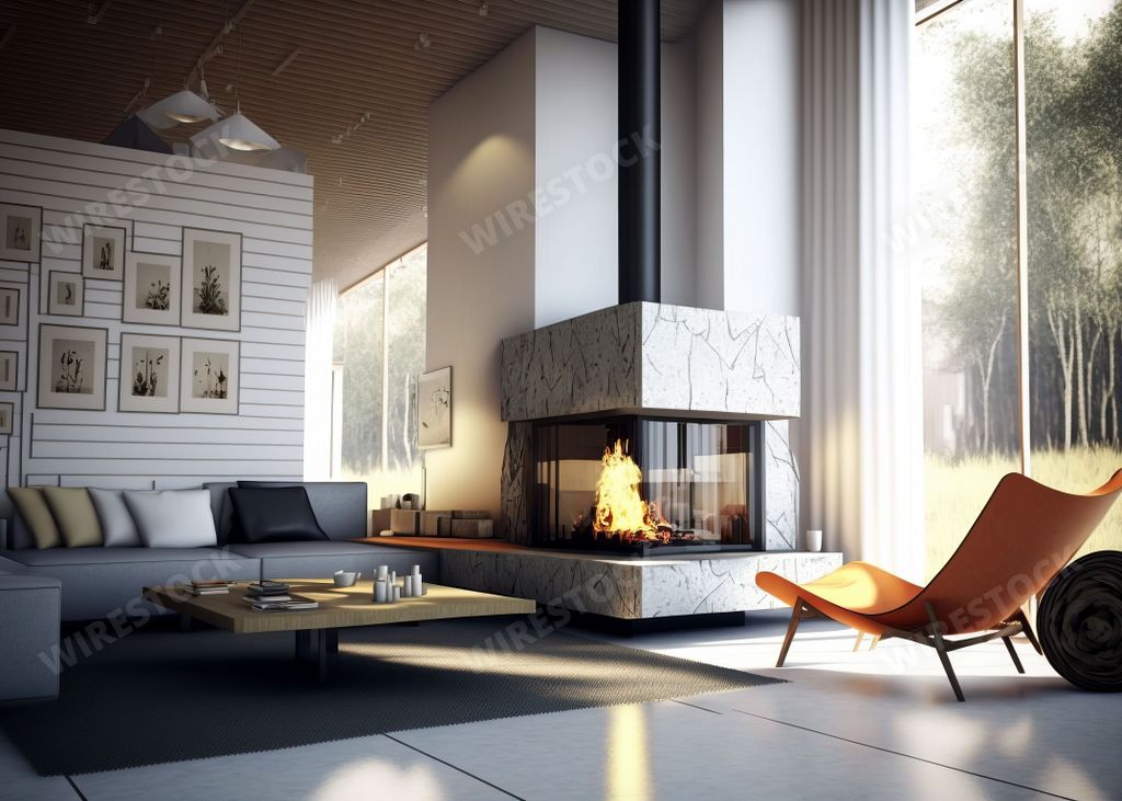 An AI generated illustration of a Modern style living room, sofa and fireplace and glass doors
