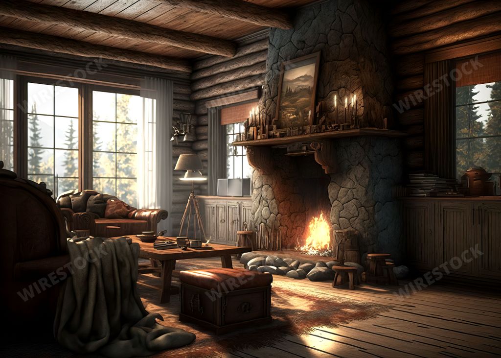 An AI generated illustration of a wooden cabin living room with wooden walls and winter fireplace