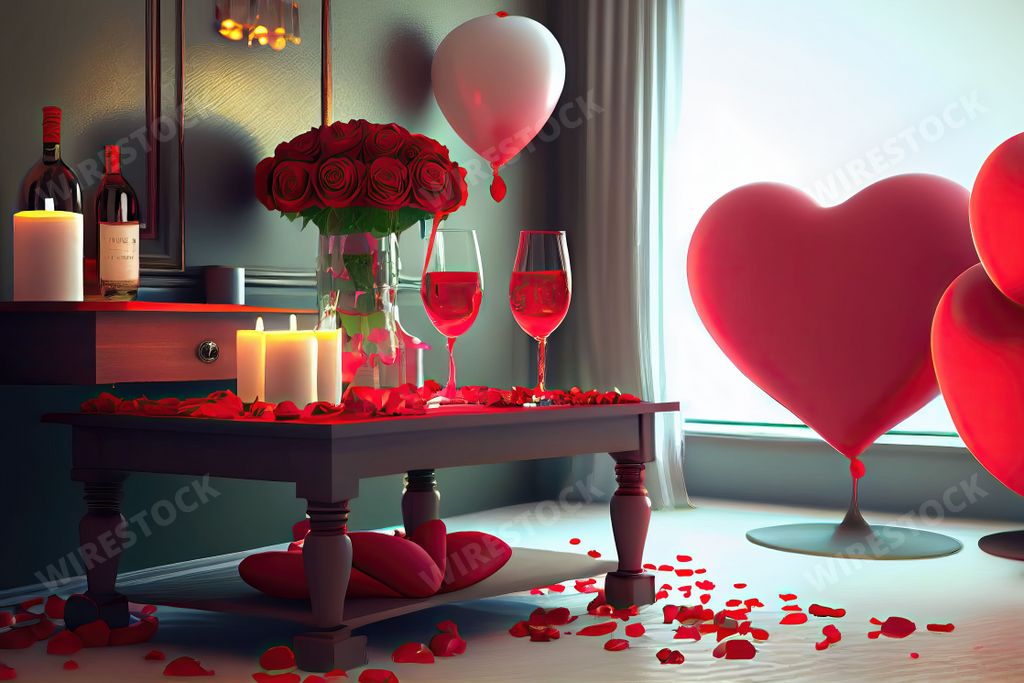 An AI generated illustration of Valentein's decoration with red roses, candles, and wine glasses on a table