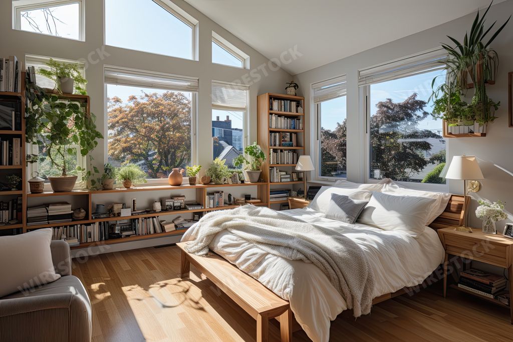 An interior bedroom scene featuring a cozy atmosphere with a variety of books and plants decorating the walls