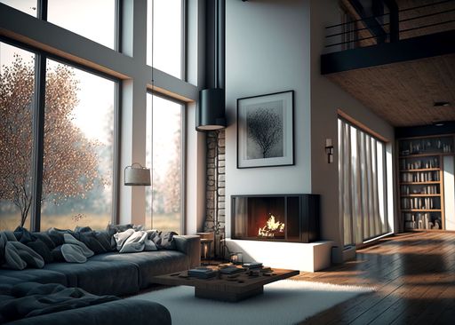 AI generated illustration of a modern style living room with fireplace ...