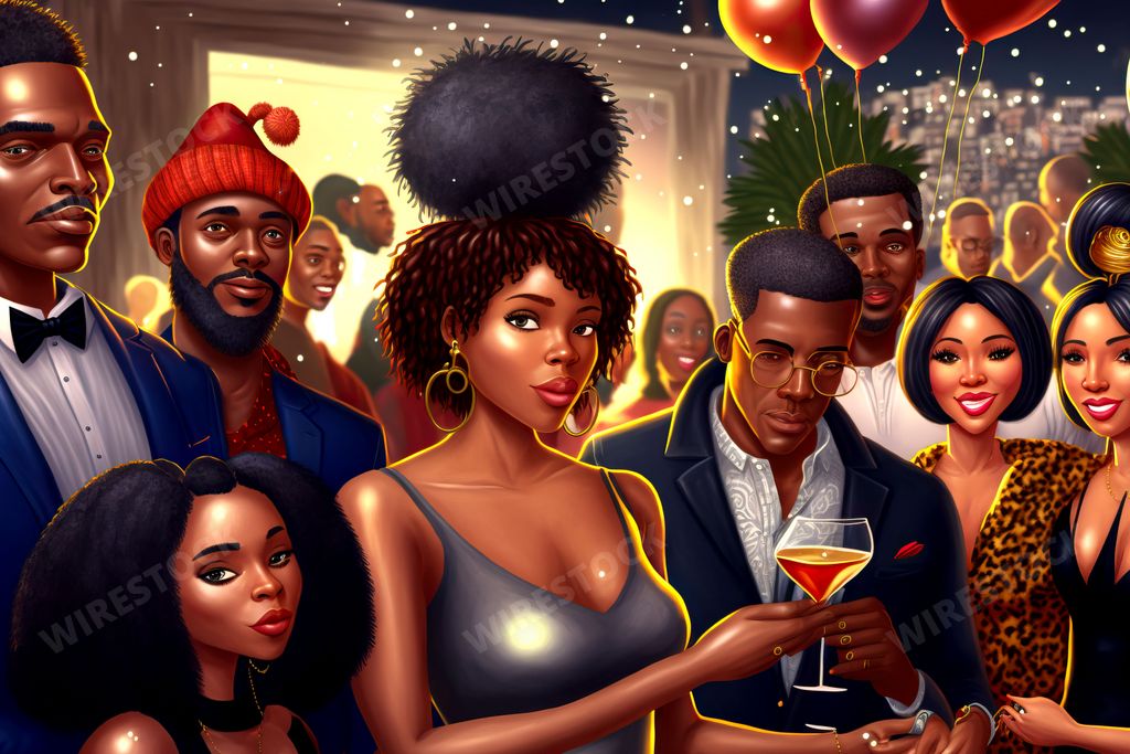 A Cartoon of black people at a New Years Eve party