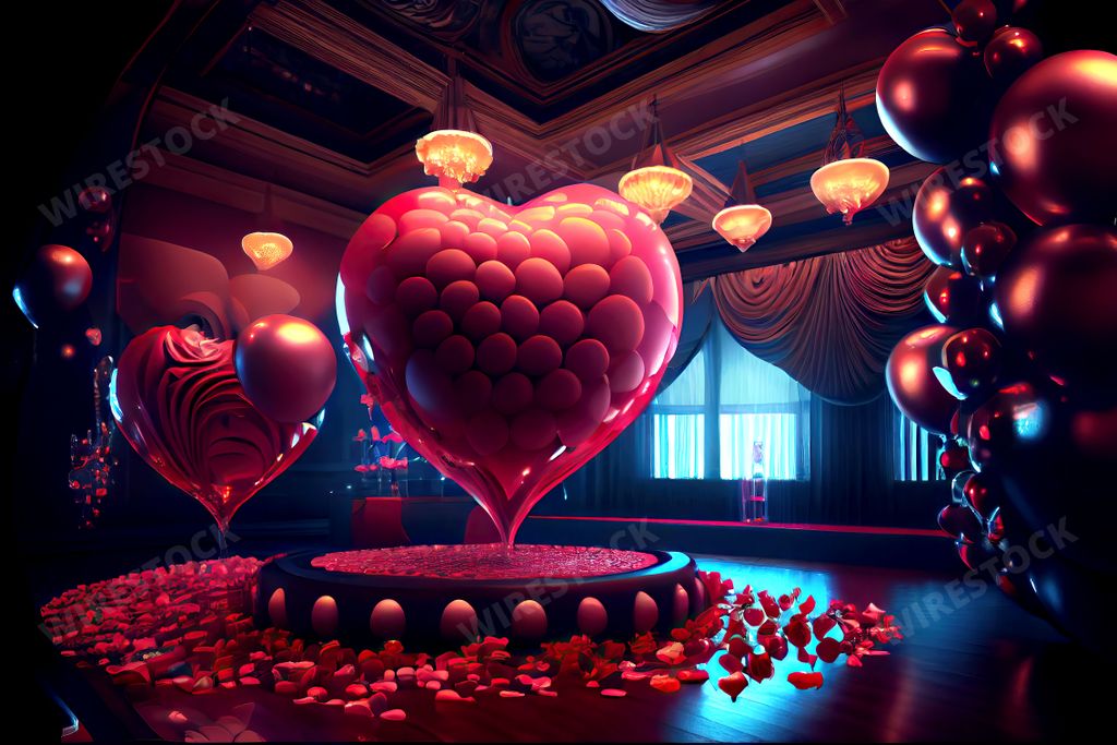 An AI generated illustration of a large heart-shaped object with rose petals around it