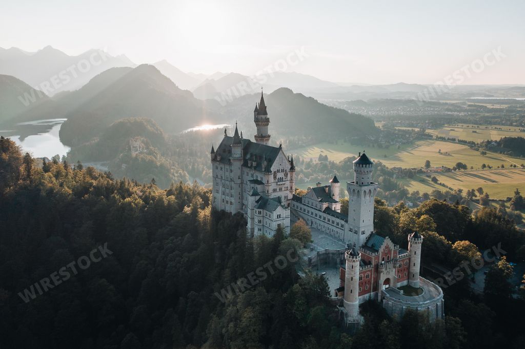 An aerial view of Neuschwanstein Castle in Schwangau, Germany