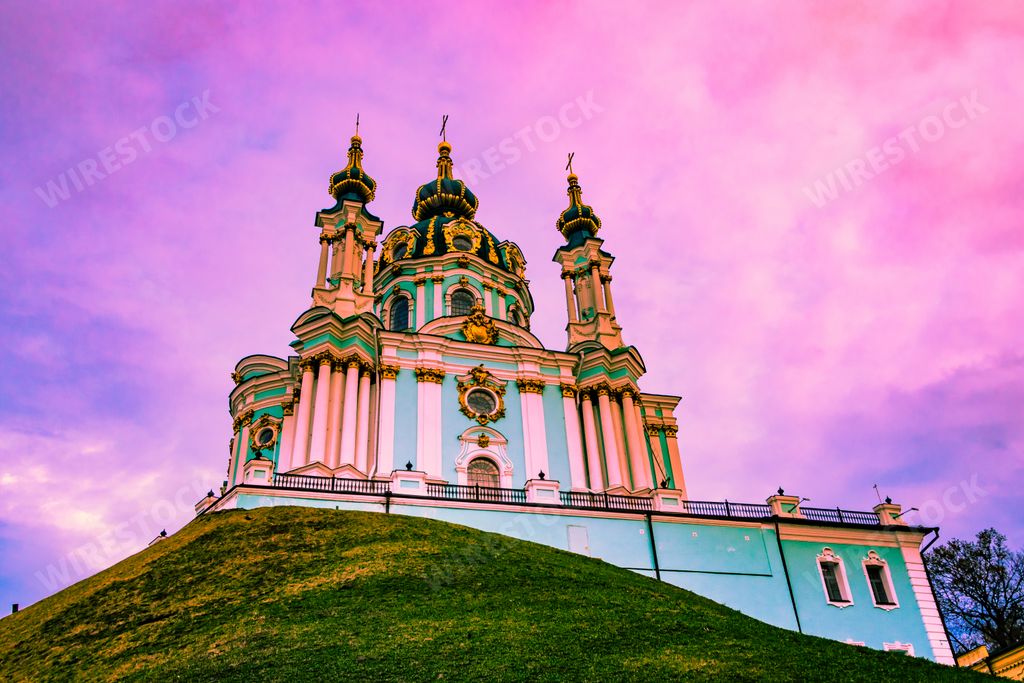The old St. Andrew's Church, Kyiv, Ukraine against the cloudy sky