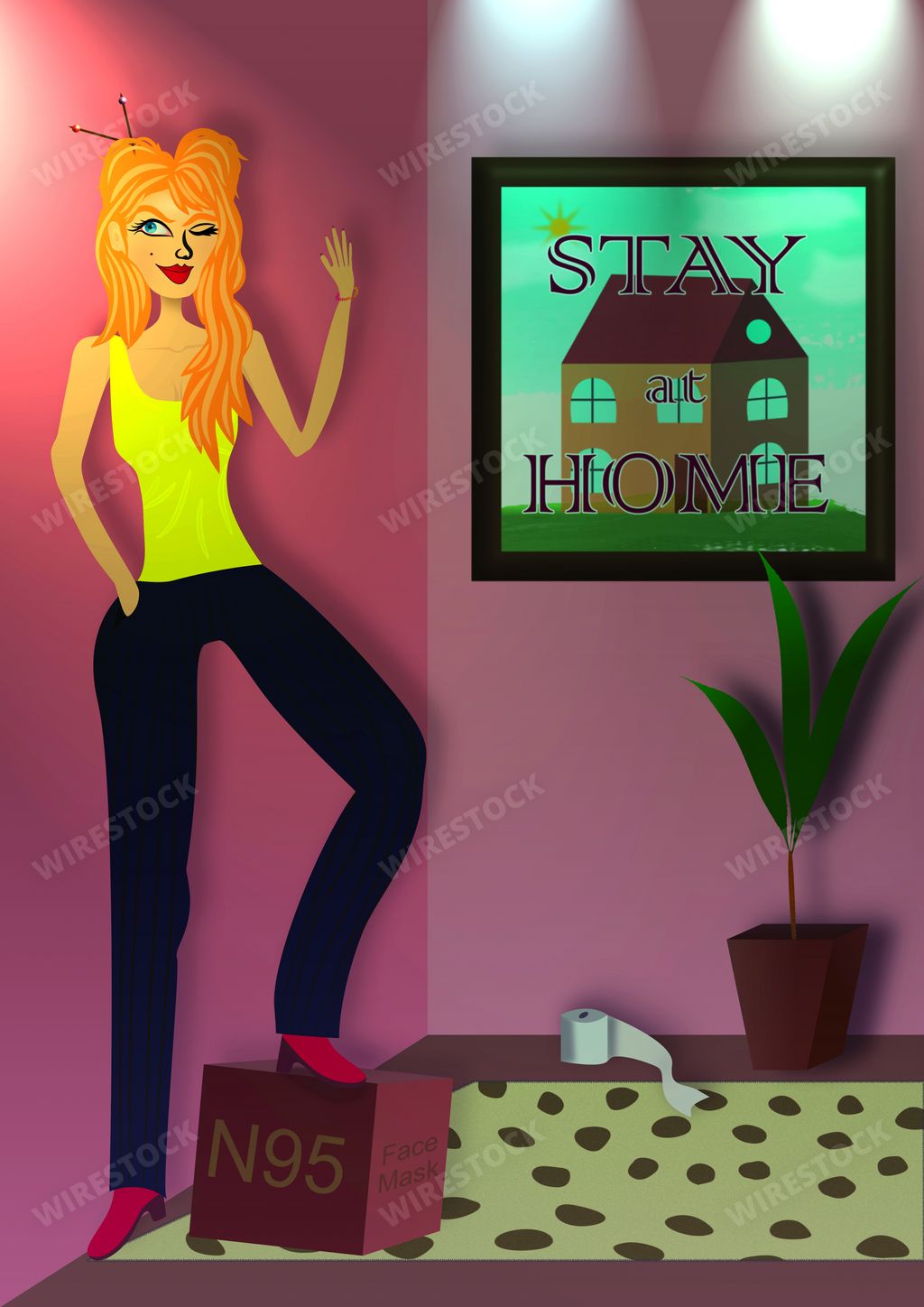 A 2D illustration of a woman waving and winking in her home during lockdown next to a picture on the wall saying "stay home"