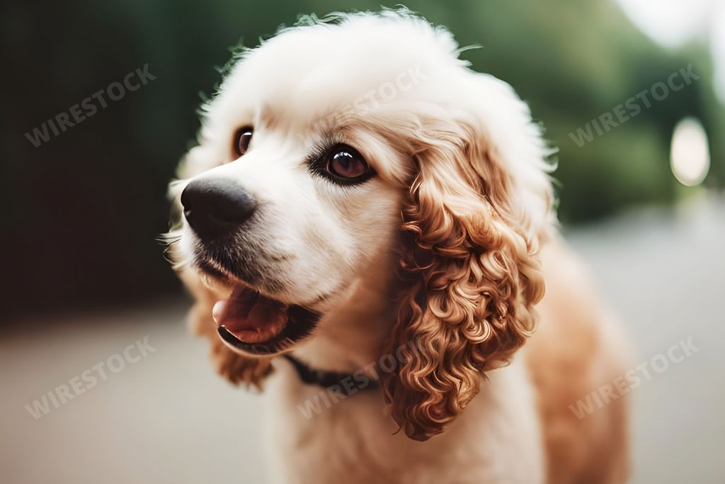 An adorable brown and white dog with fluffy, curly fur stands on the sidewalk, its tail wagging in anticipation