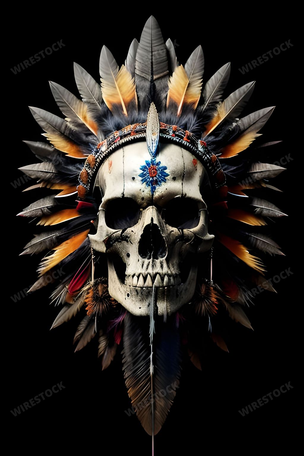 A white human skull adorned with colorful feathers, with a mohawk-style headdress made of feathers