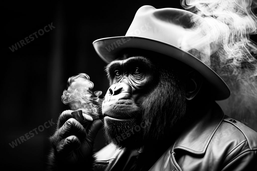 An AI generated illustration of a grayscale of gorilla wearing a hat and a suit, smoking a cigar