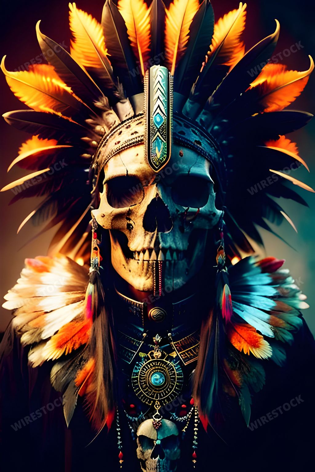A human skull adorned with a traditional Native American headdress of feathers and beads