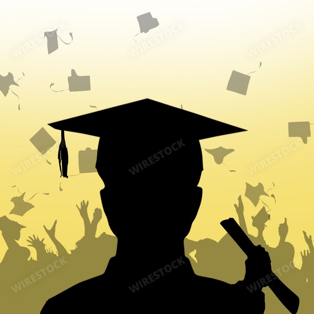 A digital illustration of the person's silhouette with a graduation cap against the yellow background.