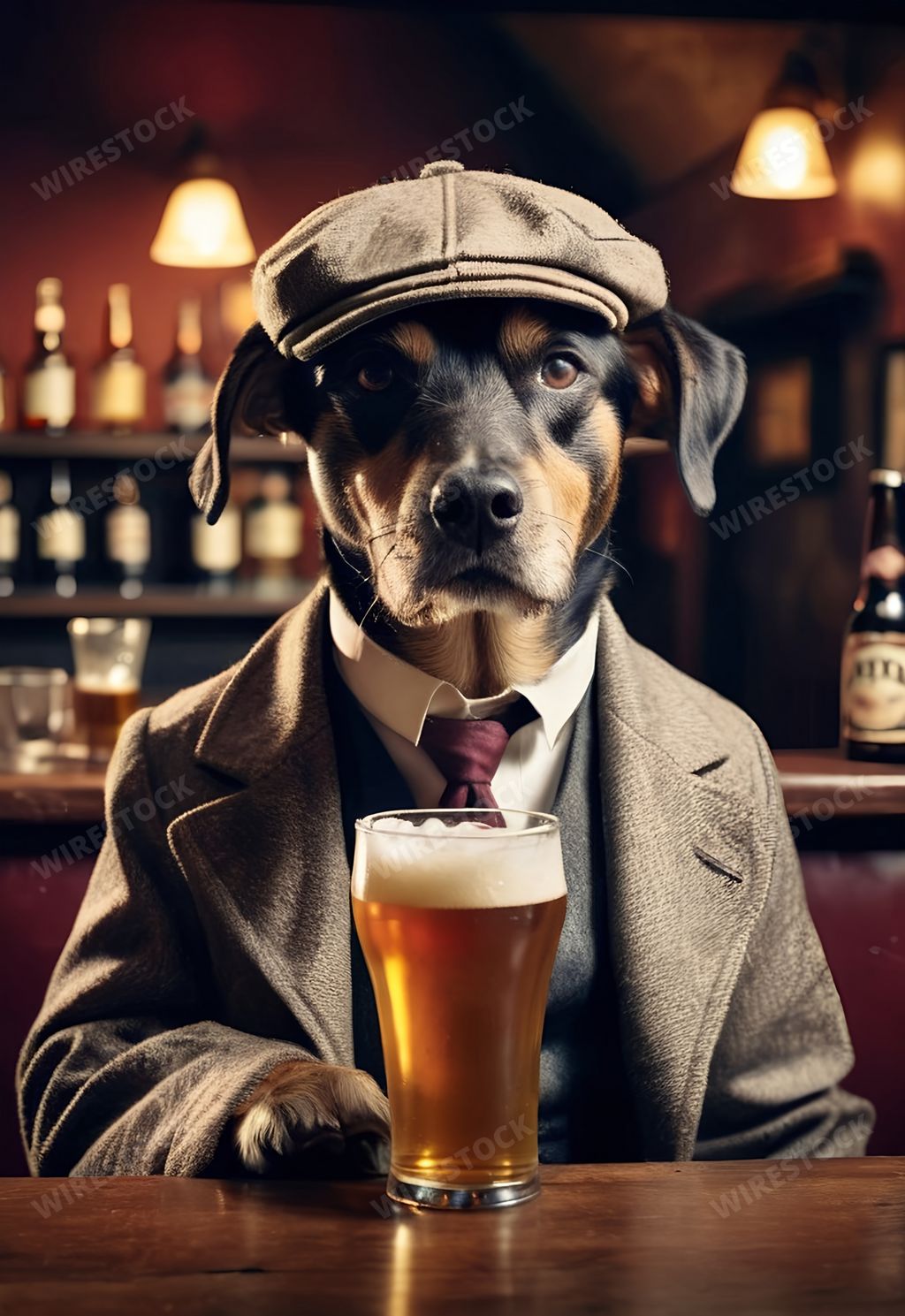 An AI generated illustration of a dog wearing suit and a hat sitting in a bar with a glass of beer