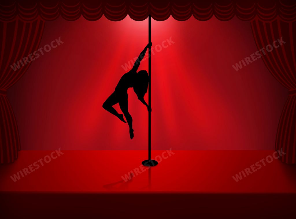 A silhouette of a stripper dancer on a pole on a red background
