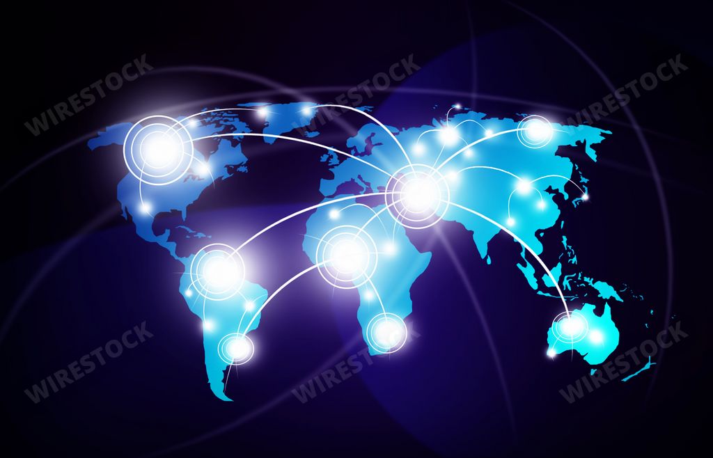 A vibrant illuminated world map is displayed with blue dots and white connecting lines