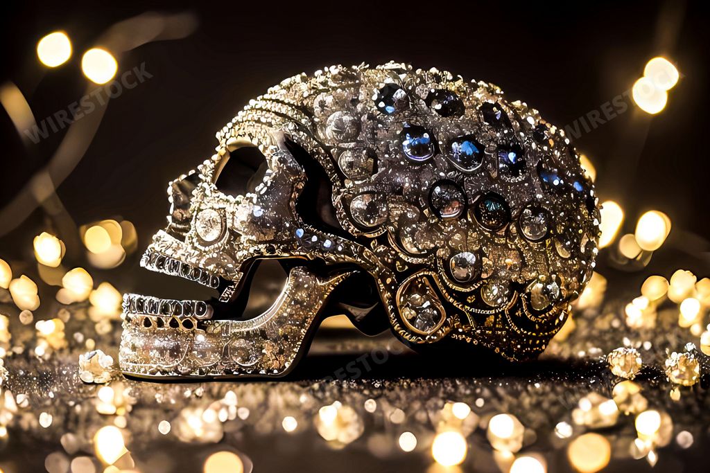 An AI generated illustration of a gold skull with dazzling crystal accents on dark background