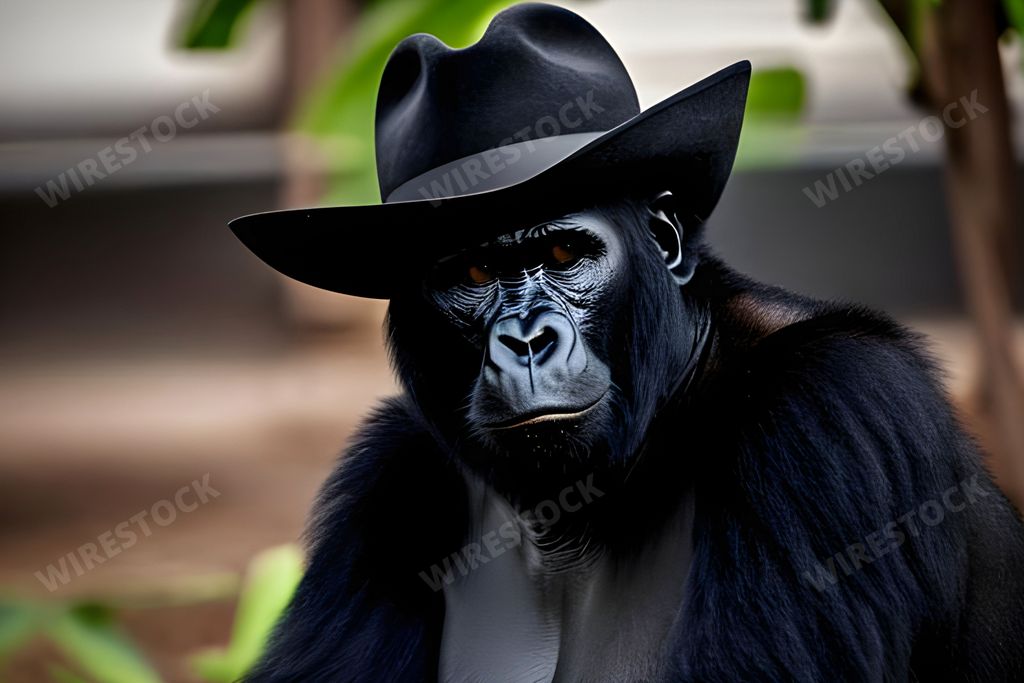 An AI generated illustration of a gorilla wearing a western style hat