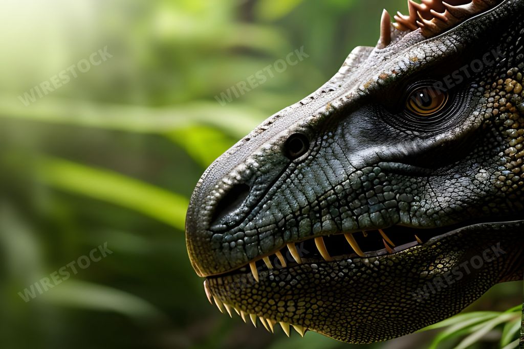 A close-up of a dinosaur head featuring a large, sharp set of teeth