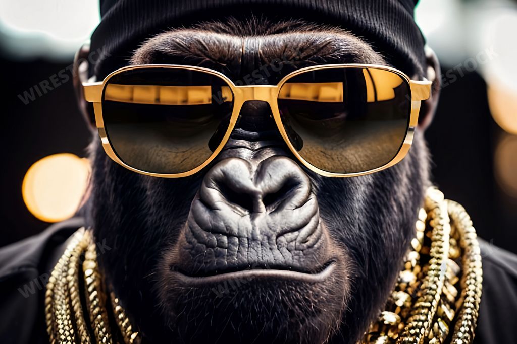 An AI generated illustration of a gorilla wearing a pair of glasses with gold chains draped around its neck