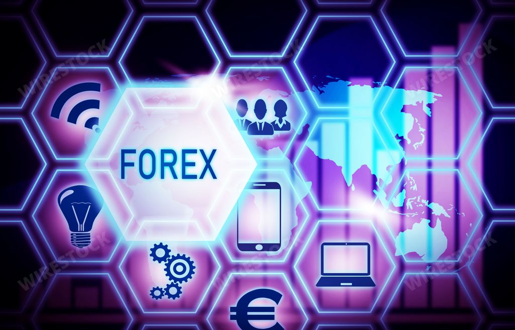 A vibrant purple computer screen background with the word 'Forex' in bold white font, highlighted by various trading symbols