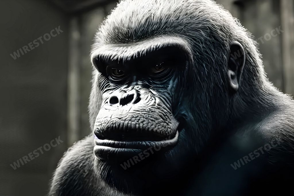 A close-up portrait of a Gorilla with a distinguished black mustache atop a gray face
