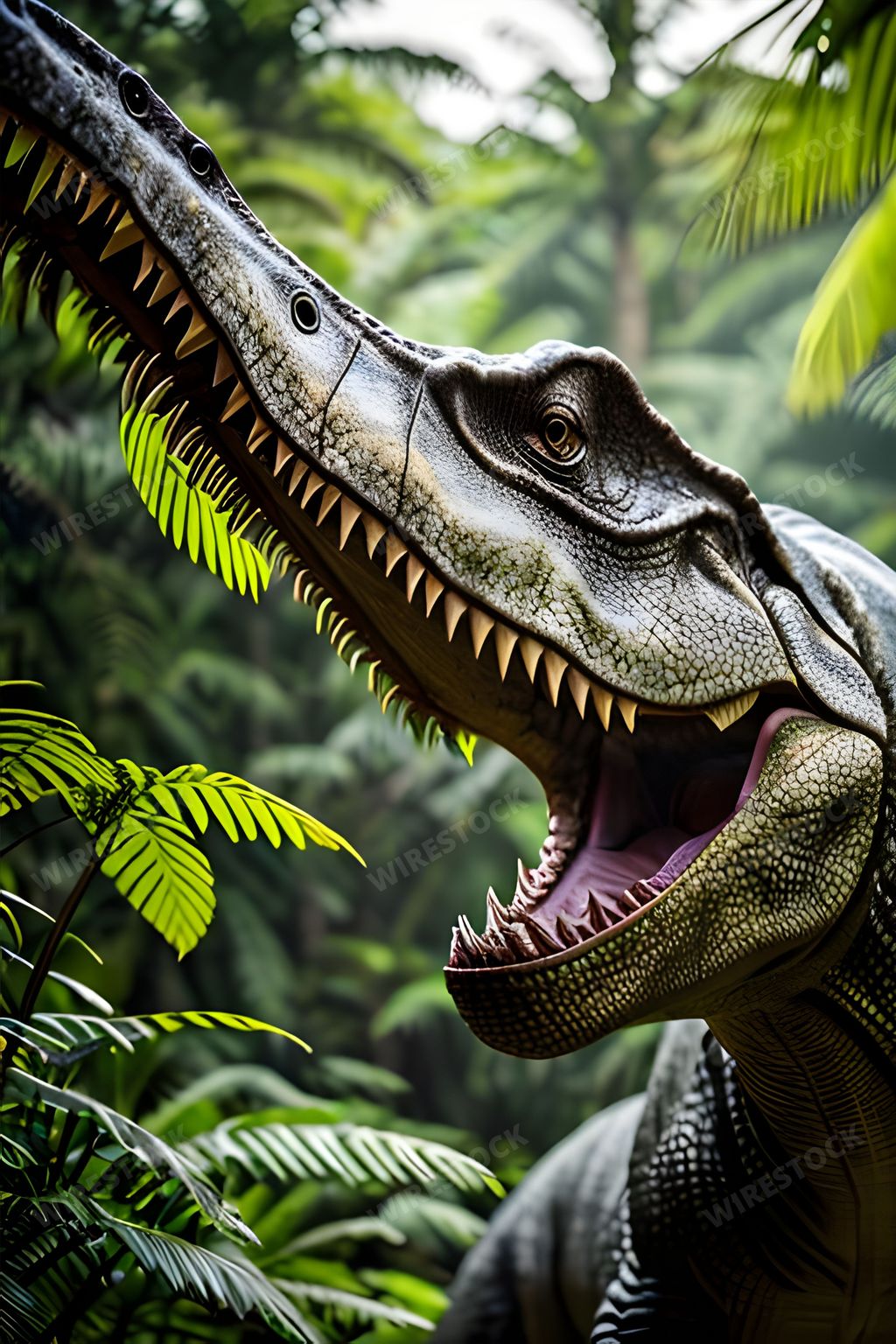 An intense close-up shot of a Tyrannosaurus Rex, showing its sharp teeth and wide open mouth