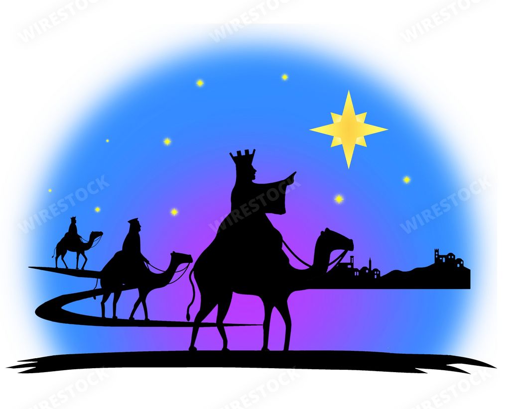 An illustration of the three wise men of the east led by the star of Bethlehem