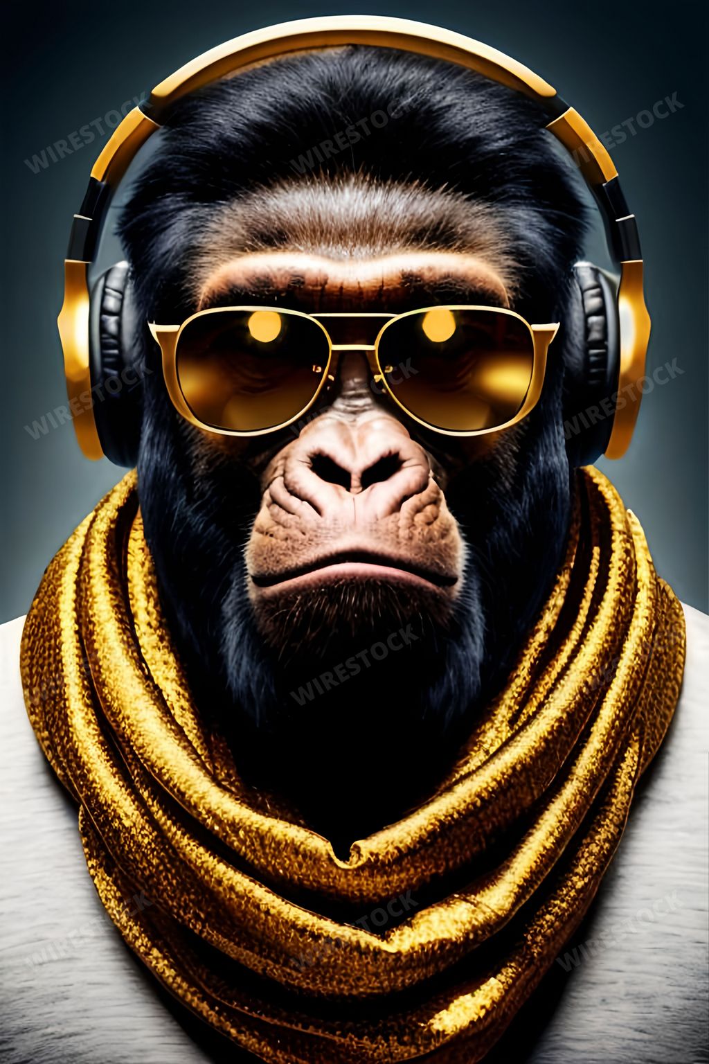 An AI generated illustration of a monkey wearing headphones with sunglasses and a scarf around its neck