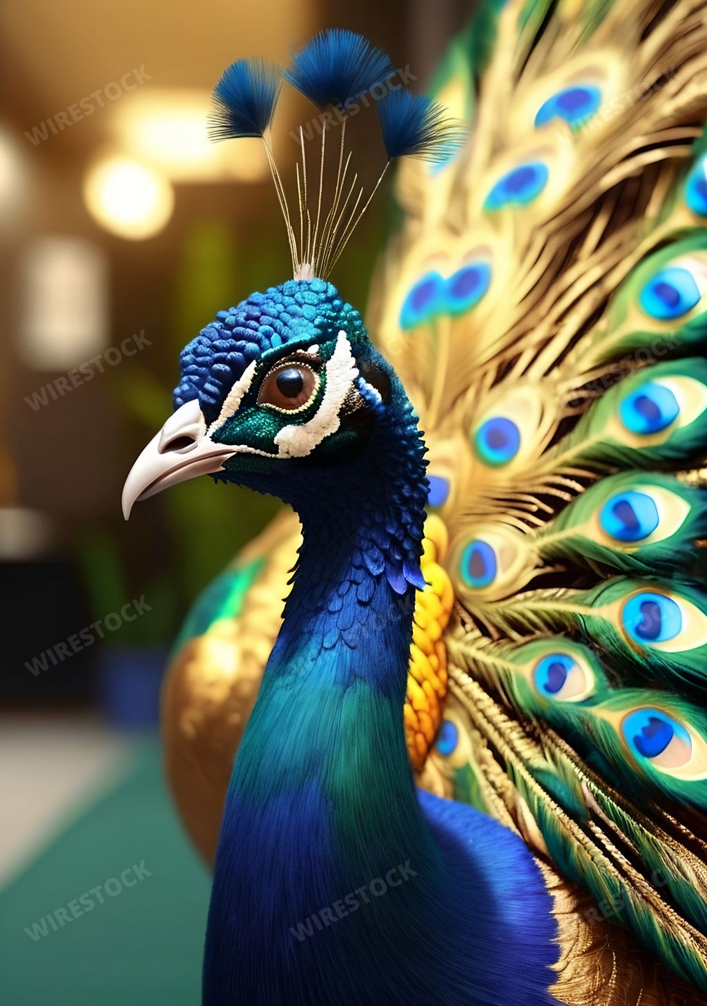 An AI generated illustration of Vibrant peacock feathers elegantly spread and soar