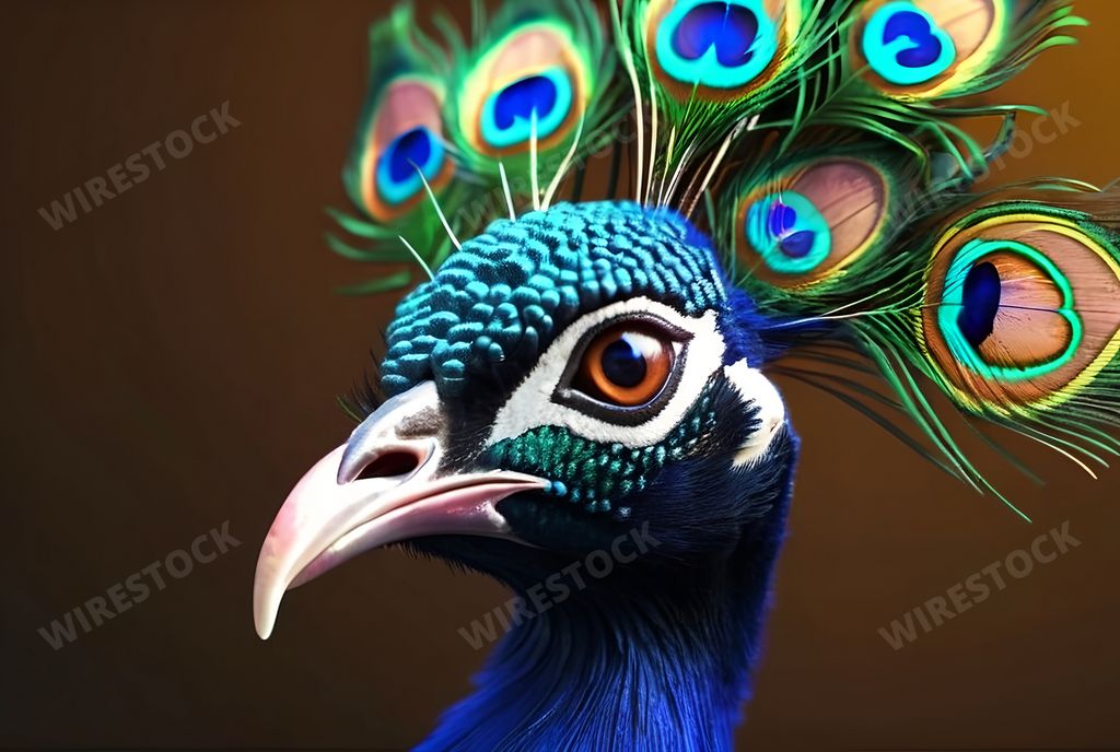 An AI generated illustration of Exotic peacock with vibrant shimmering feathers against a striking backdrop