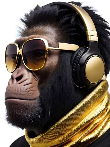 AI generated illustration of a chimpanzee wearing headphones, a gold ...