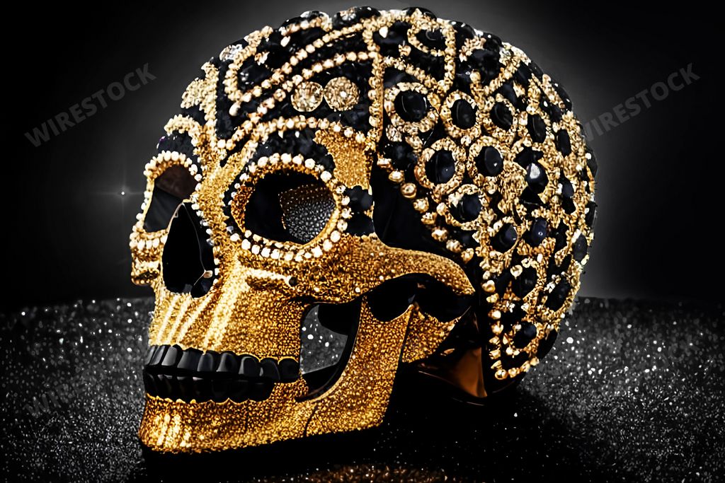 An AI generated illustration of a gold skull with dazzling crystal accents on dark background