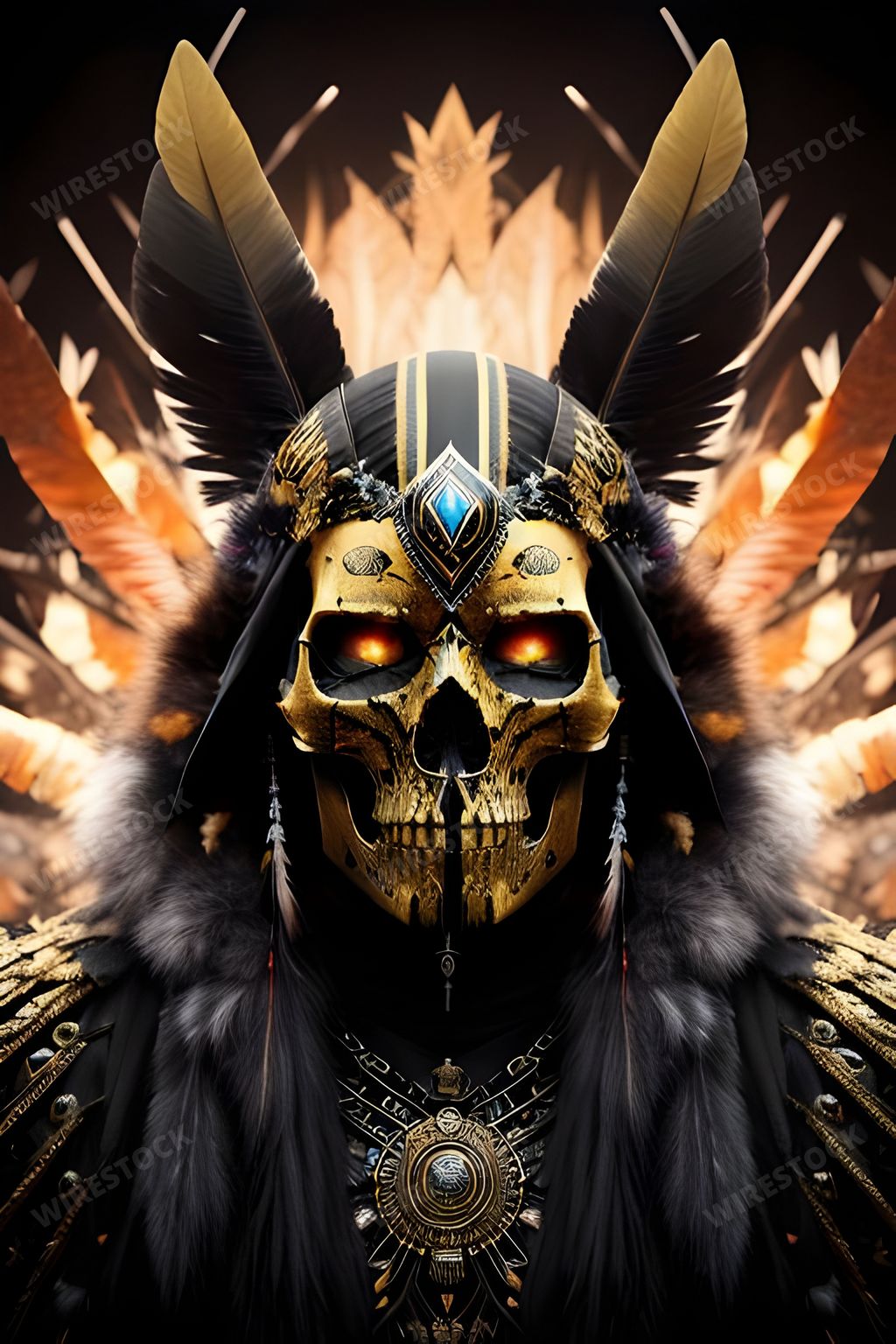 A human skull is adorned with traditional Native American dress, featuring an array of feathers and wings decorating the headdress