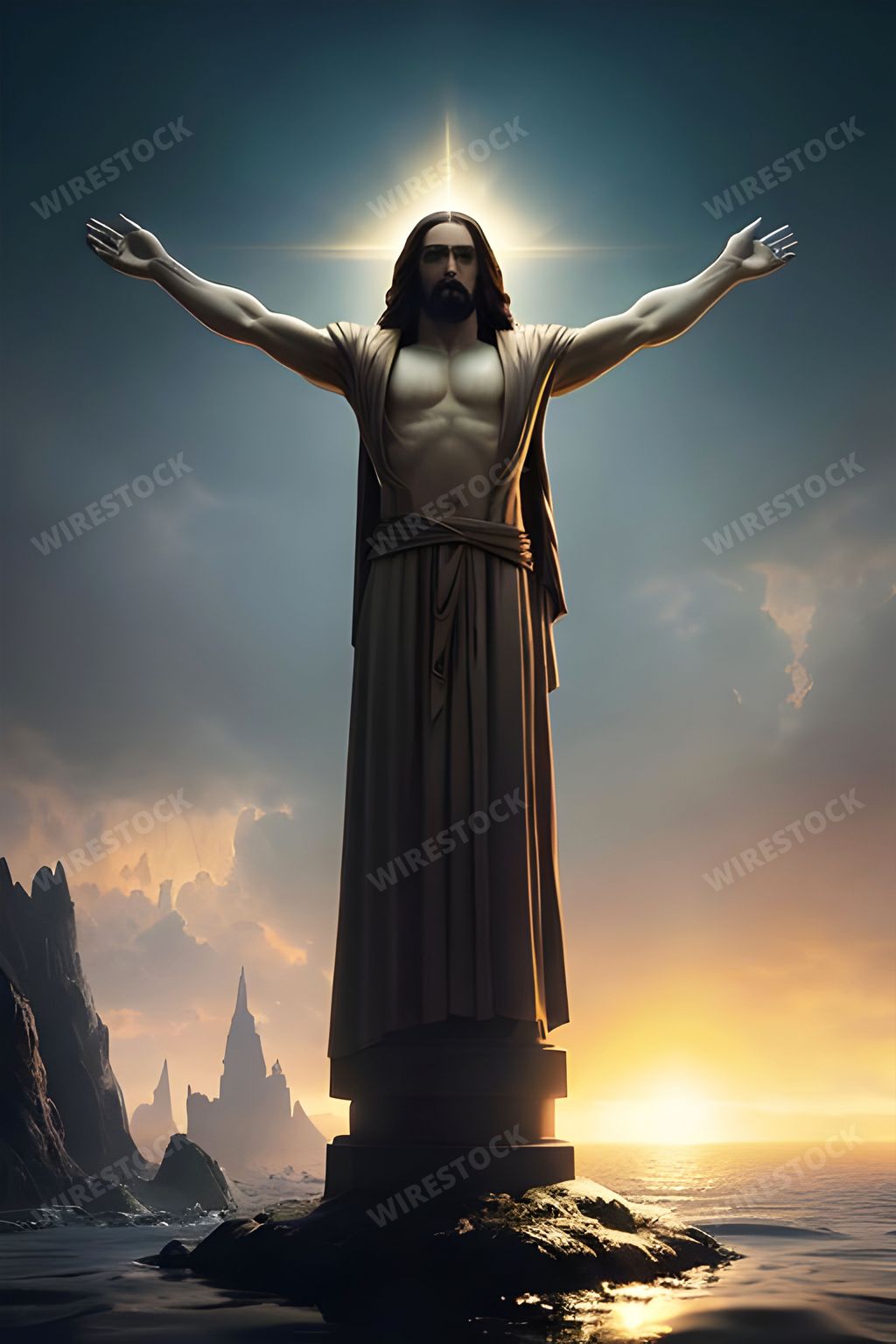 A silhouette of a person is standing on a rocky cliff overlooking a vast expanse of water below