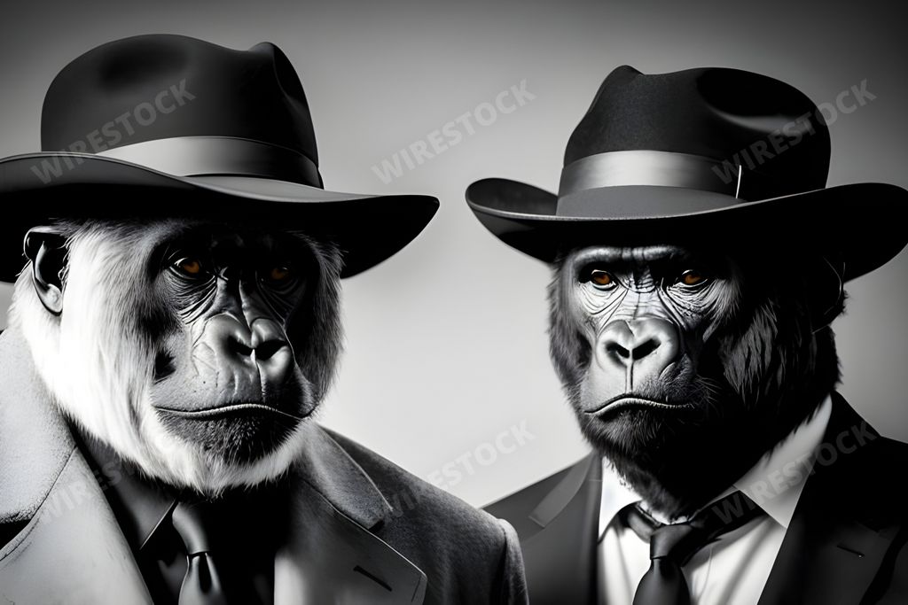 An AI generated illustration of Two male gorillas, dressed in formal attire, including matching hats and suits