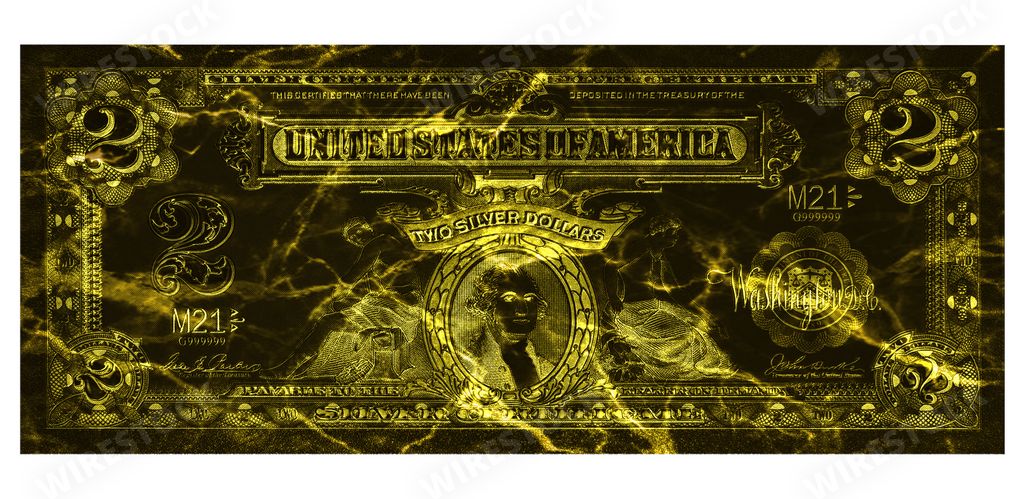 The design of 2 dollars banknote mixed with golden effect on isolated white background