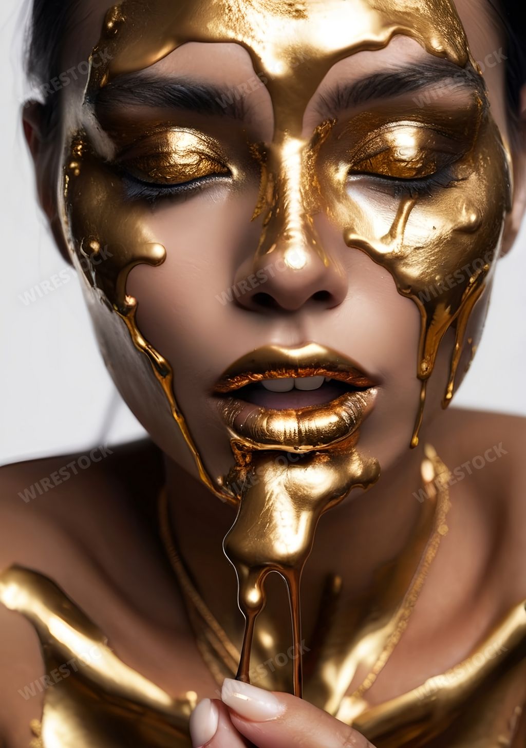 An AI generated illustration of Golden face paint with liquid dripping down the center