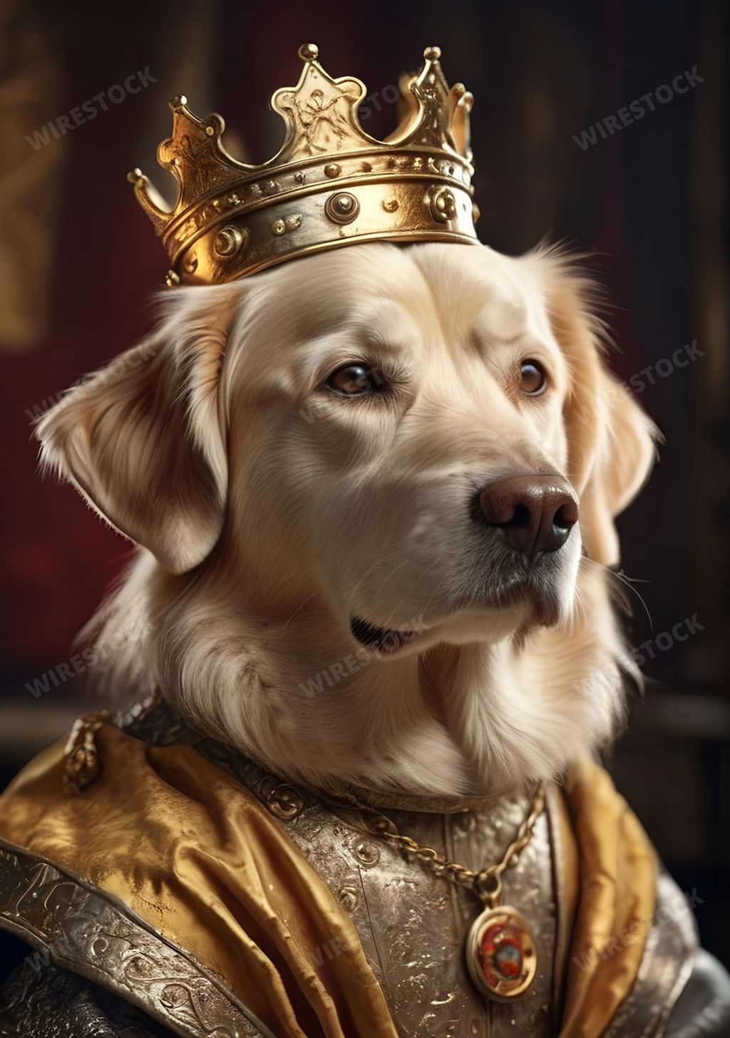 An AI generated illustration of a golden retriever dog wearing a regal golden crown