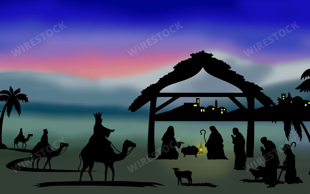 An illustration of the Nativity scene of baby Jesus and silhouettes in a manger