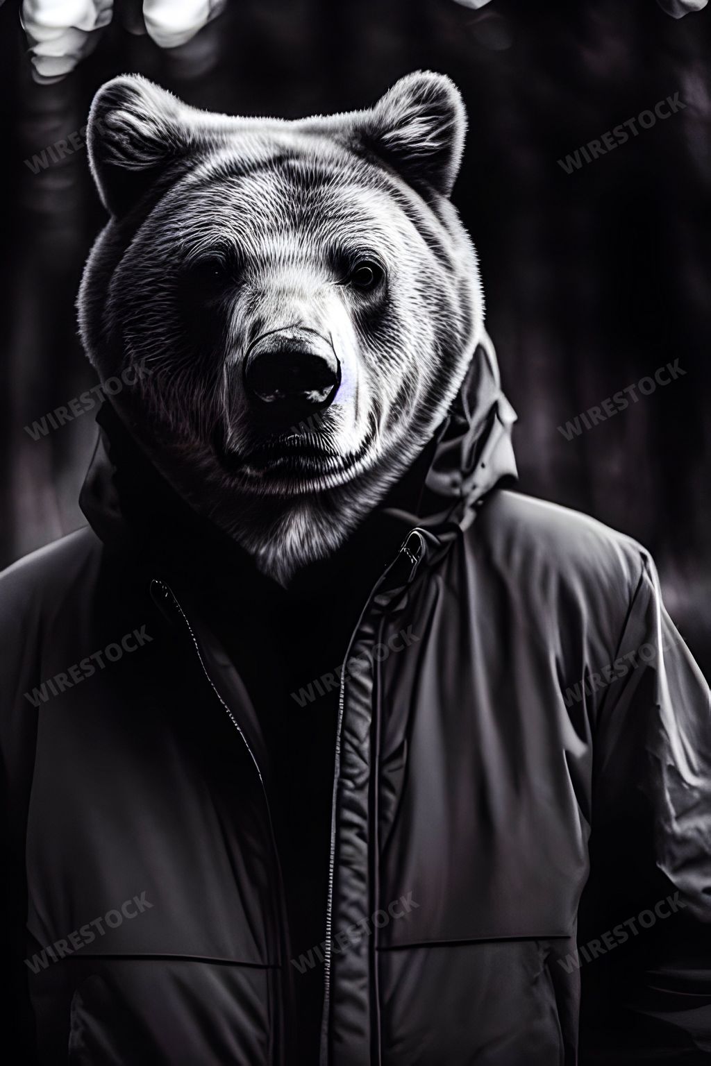 An AI generated illustration of a brown bear wearing a hoodie and jacket