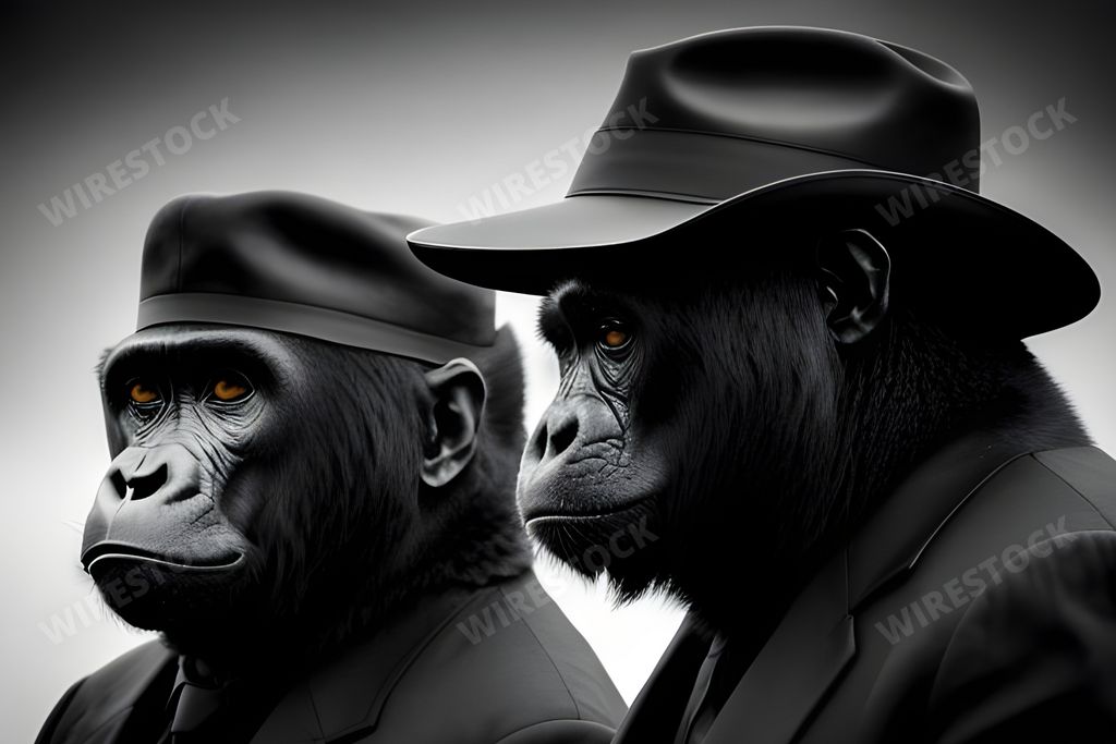 An AI generated illustration of a grayscale of two gorillas wearing black hats and suits