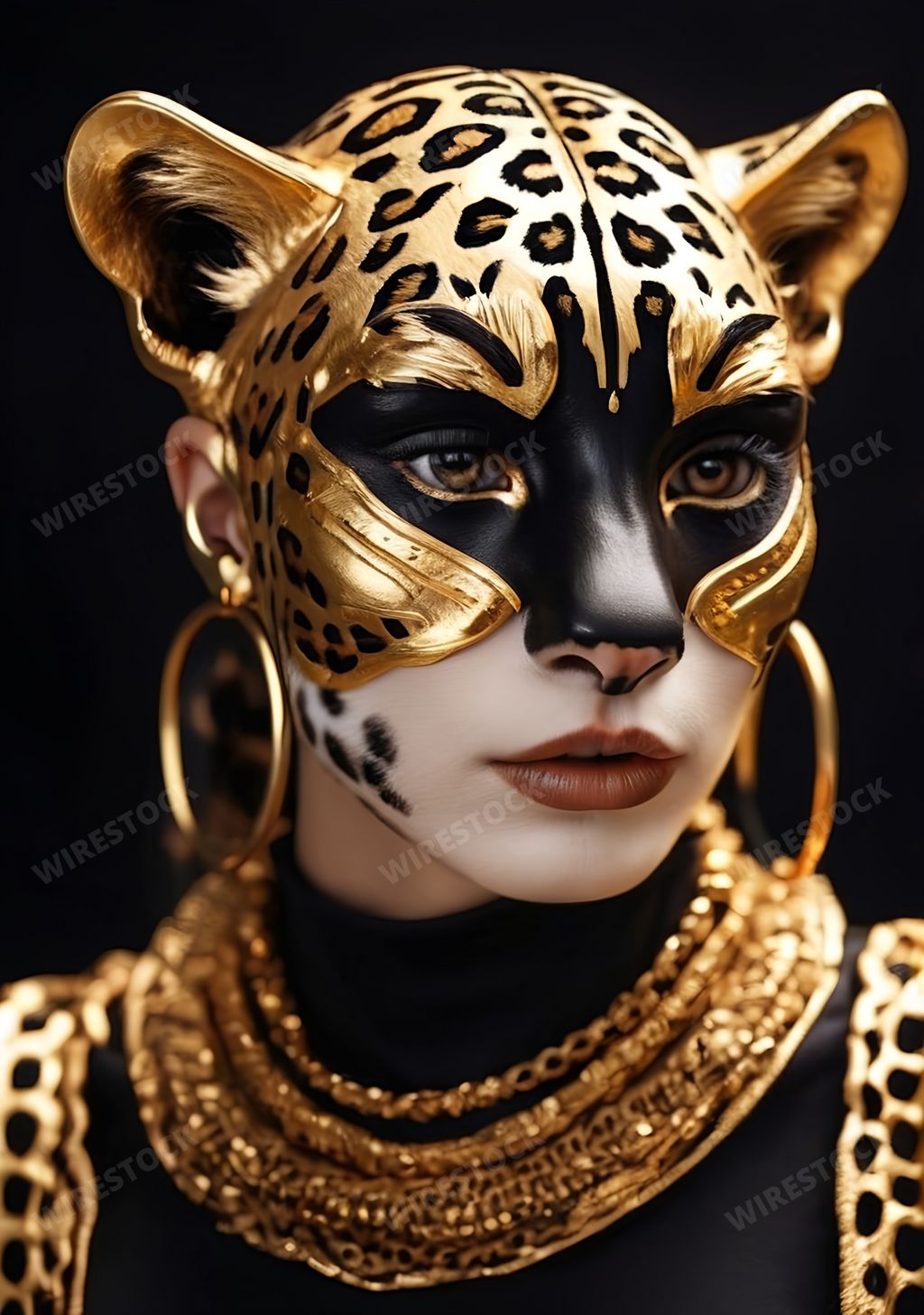 An AI generated illustration of Woman wearing gold and black makeup and a headpiece with animal print